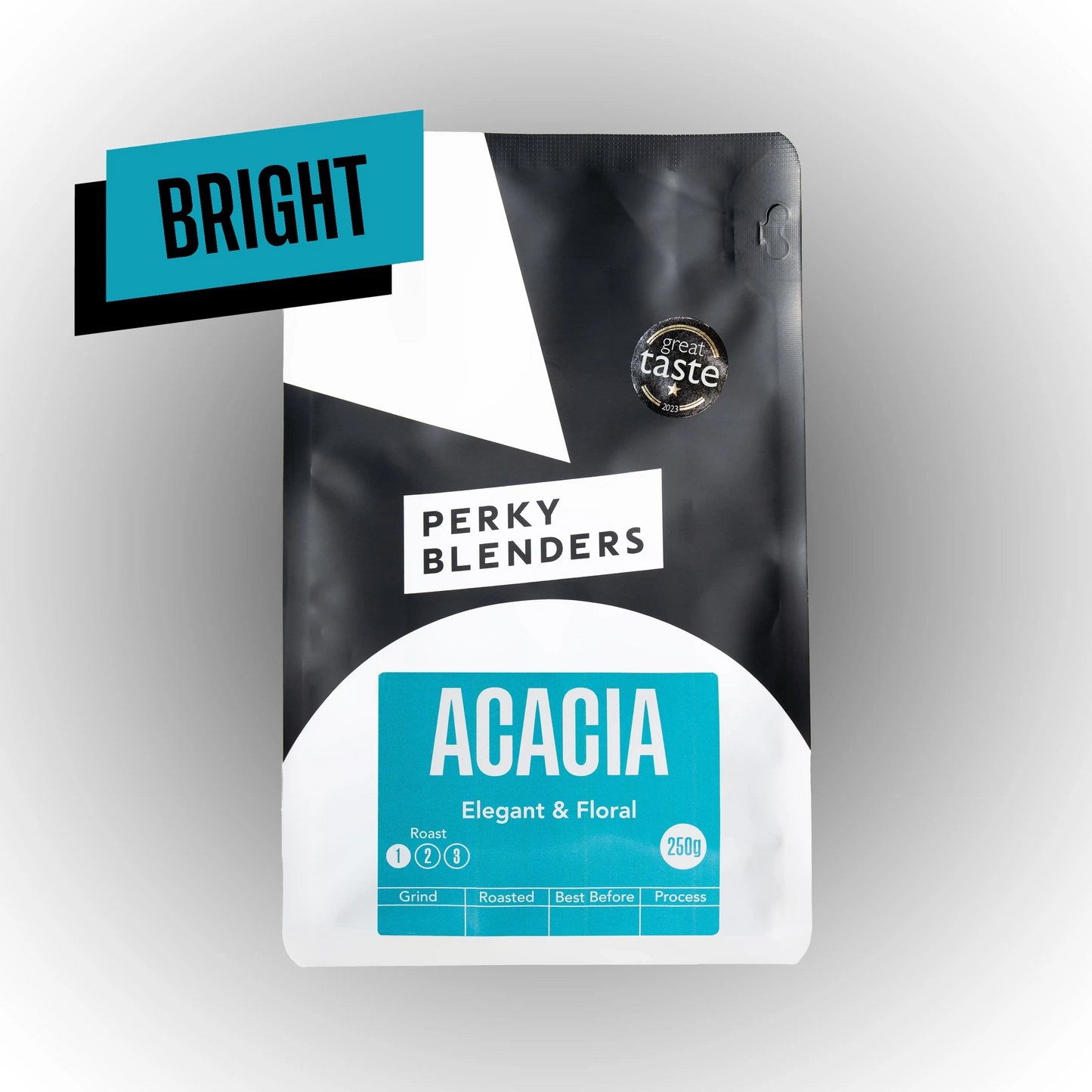 Perky Blenders Acacia coffee packaging on a gray background