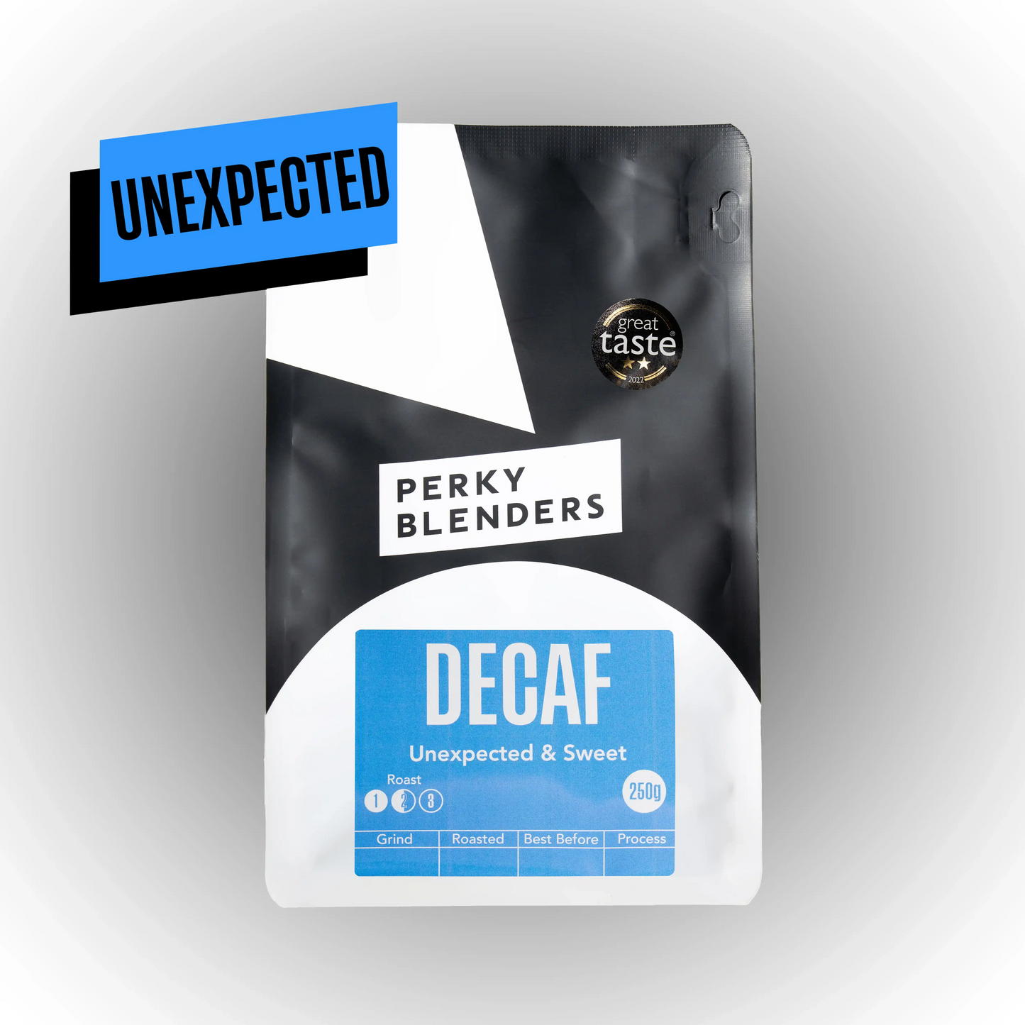 Perky Blenders Decaf coffee package with 'Great Taste' award on a gray background