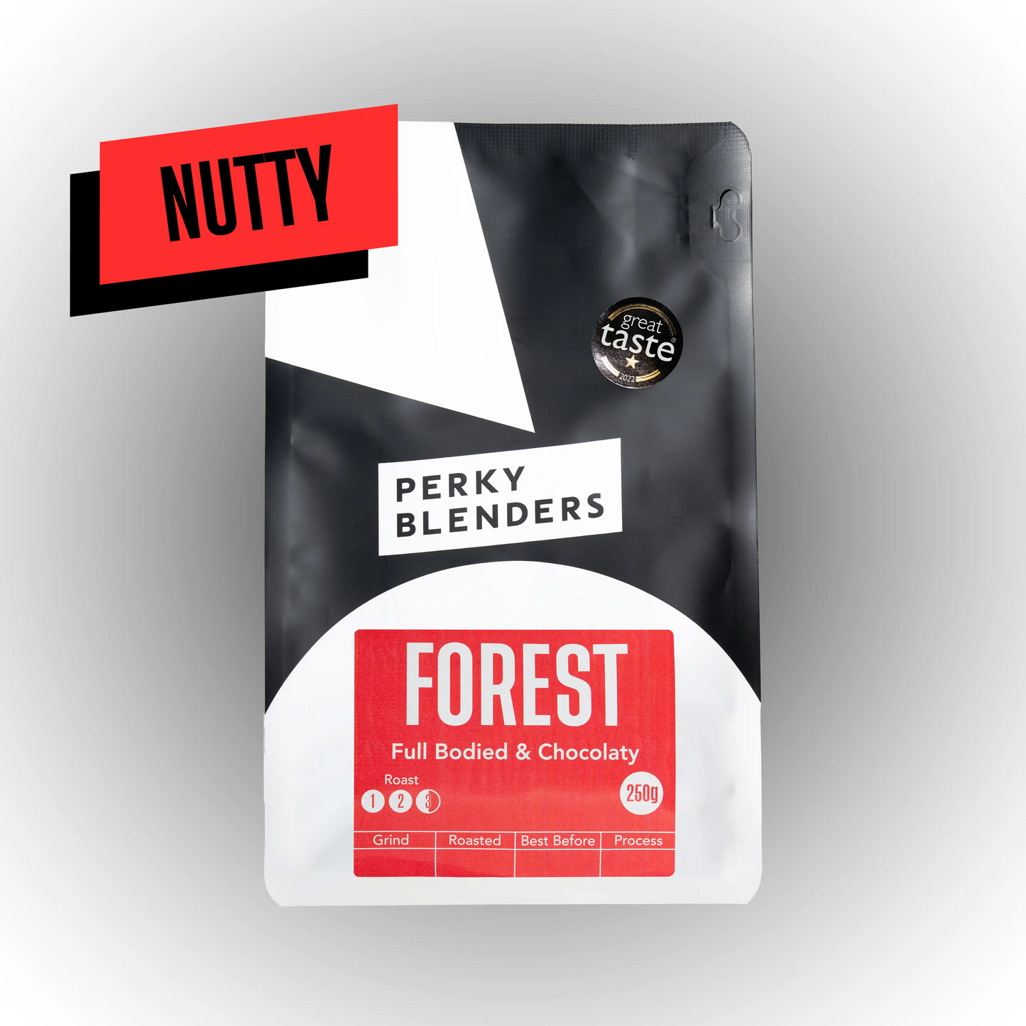 Perky Blenders Forest roast coffee packaging on a gray background