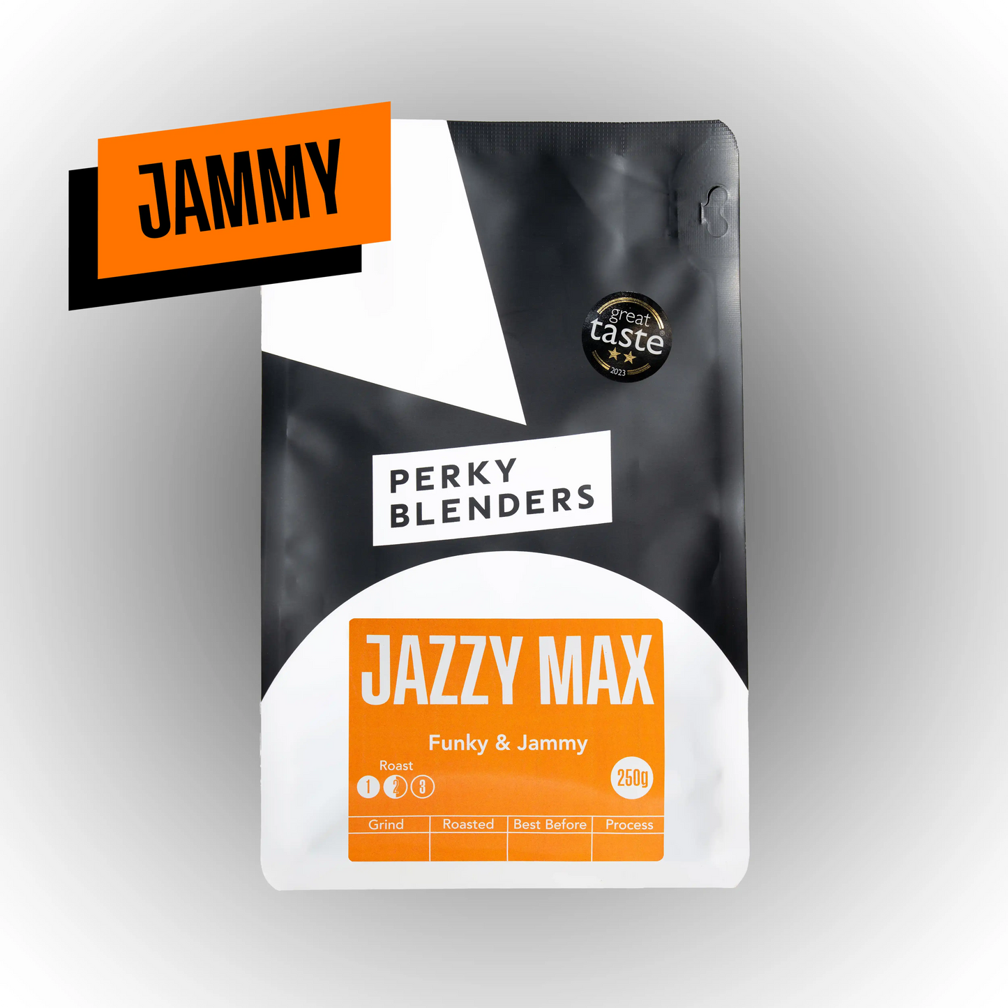 Perky Blenders Jazzy Max coffee package with 'Jammy' branding on a gray background
