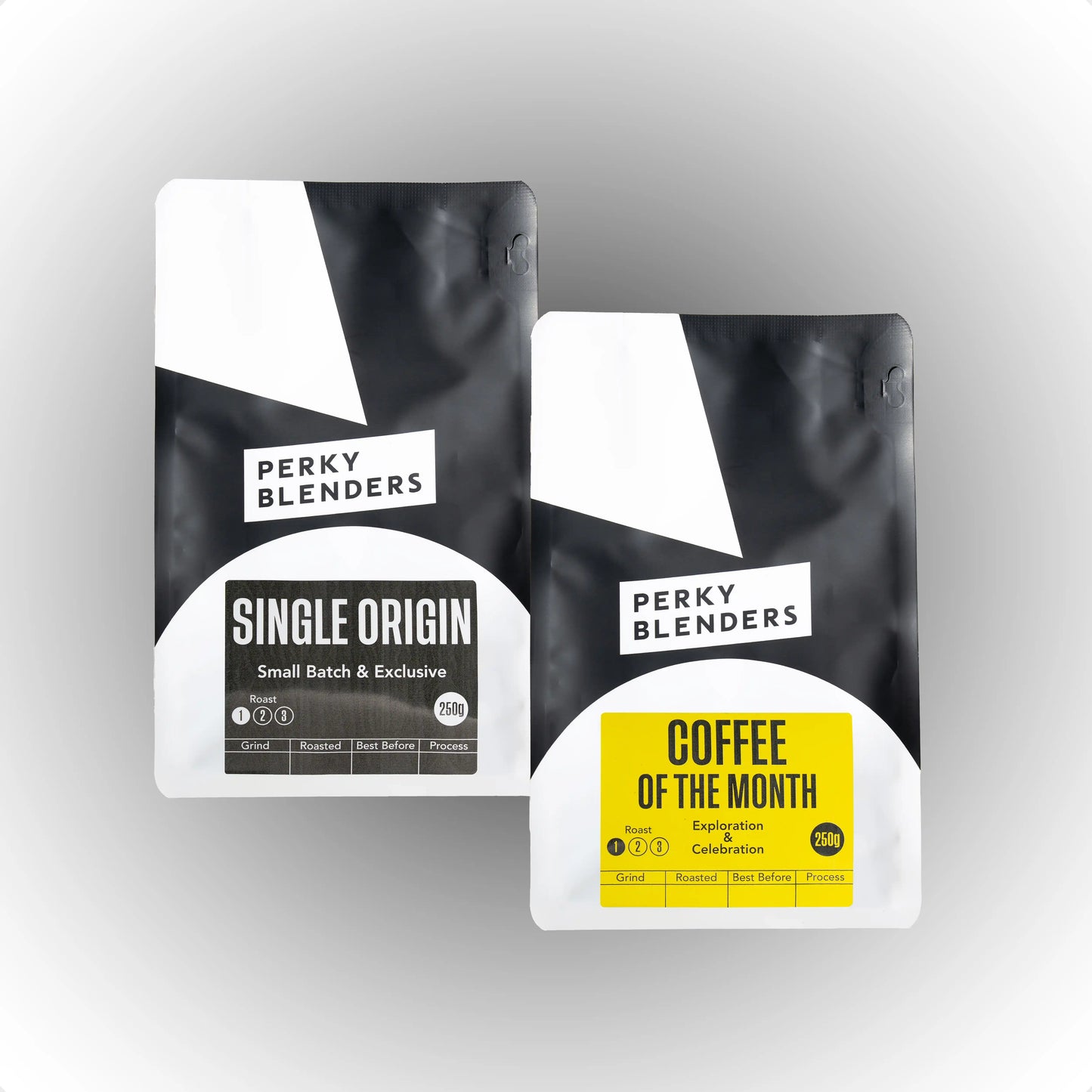 Two coffee packages from Perky Blenders on a gray background