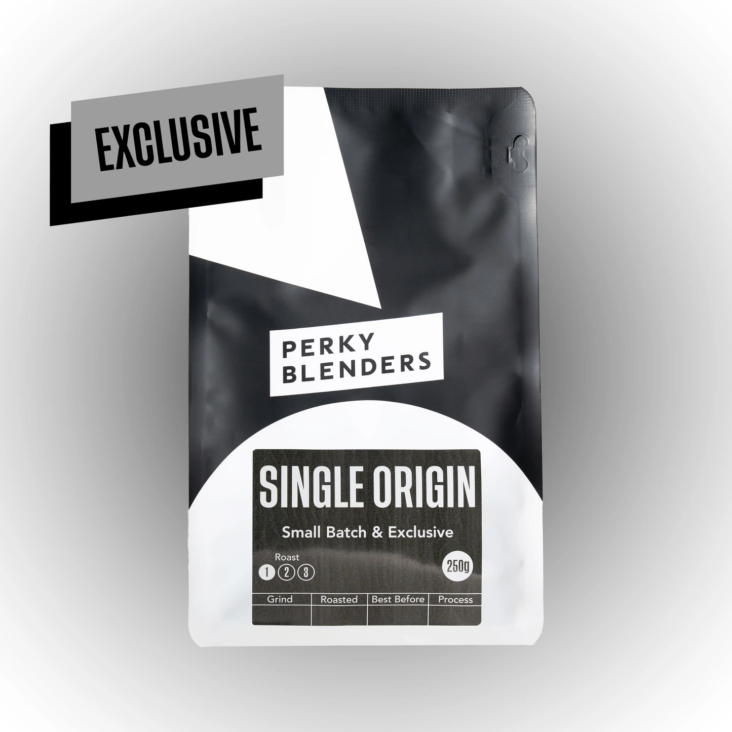 Perky Blenders single origin coffee package on a gray background