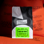 A packaged coffee product with 'Trick or Treat' text and a pumpkin graphic, indicating a Halloween themed blend from Perky Blenders.