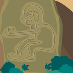Decorative design of a stylized figure holding a pipe with a natural background