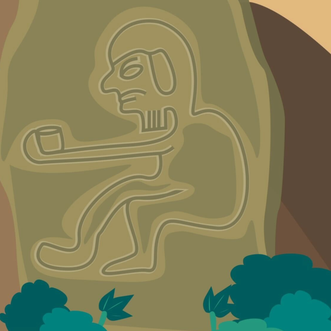 Decorative design of a stylized figure holding a pipe with a natural background