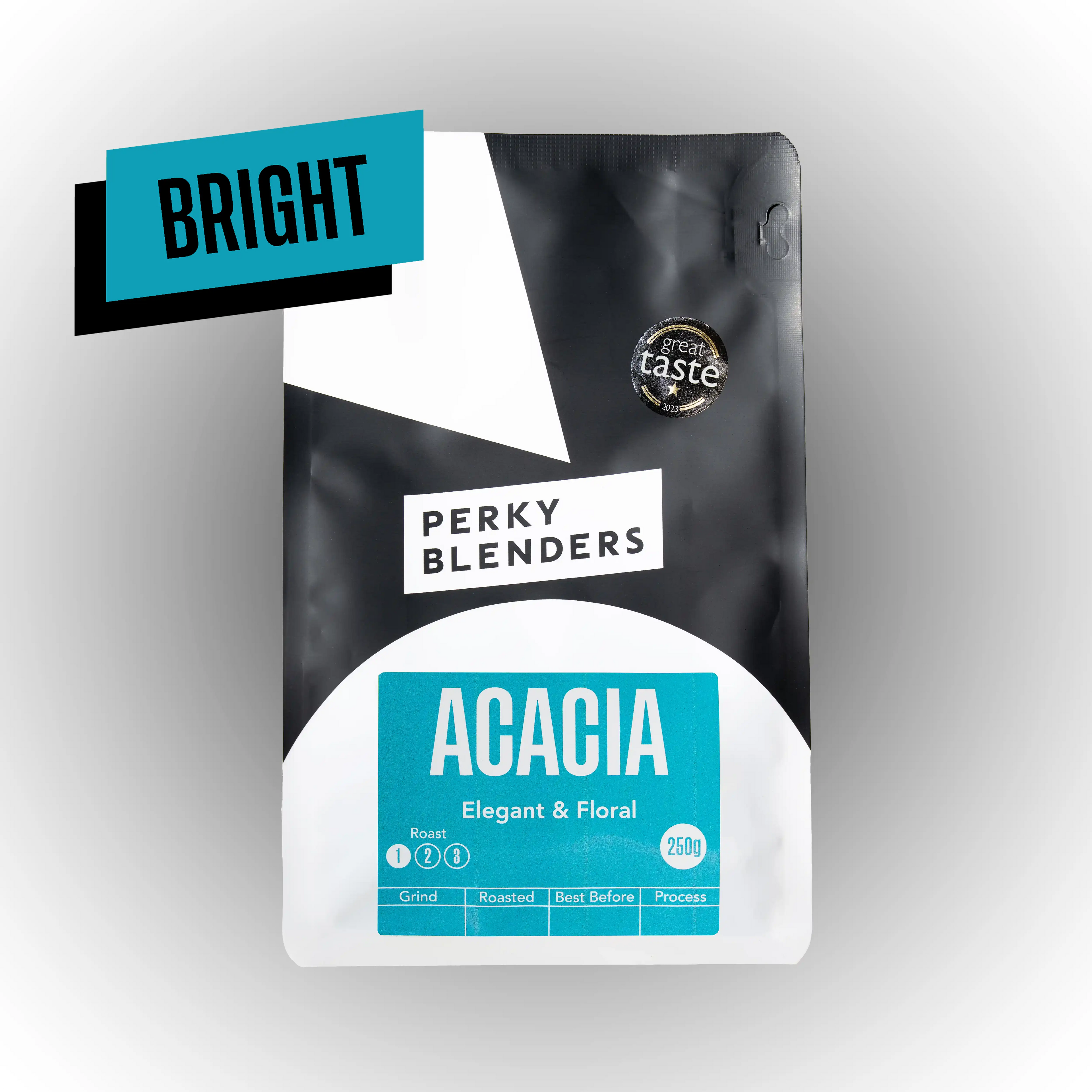 Perky Blenders Acacia coffee packaging on a gray background