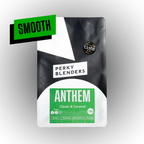 Perky Blenders Anthem coffee package with 'Smooth' label on gray background