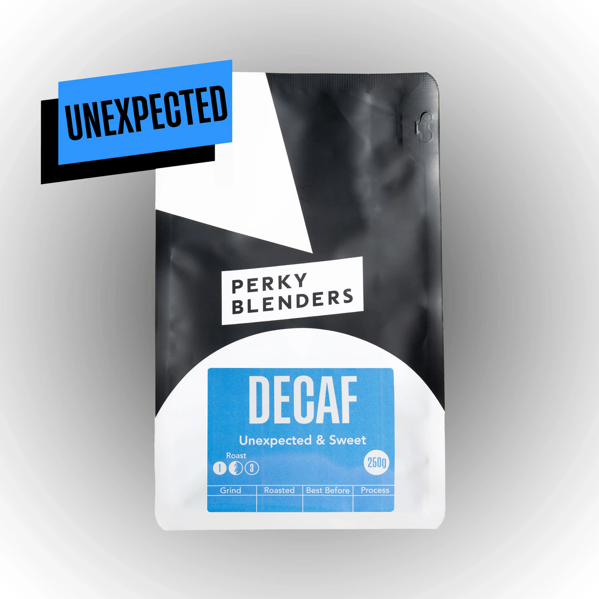 Perky Blenders decaf coffee package on a gray background