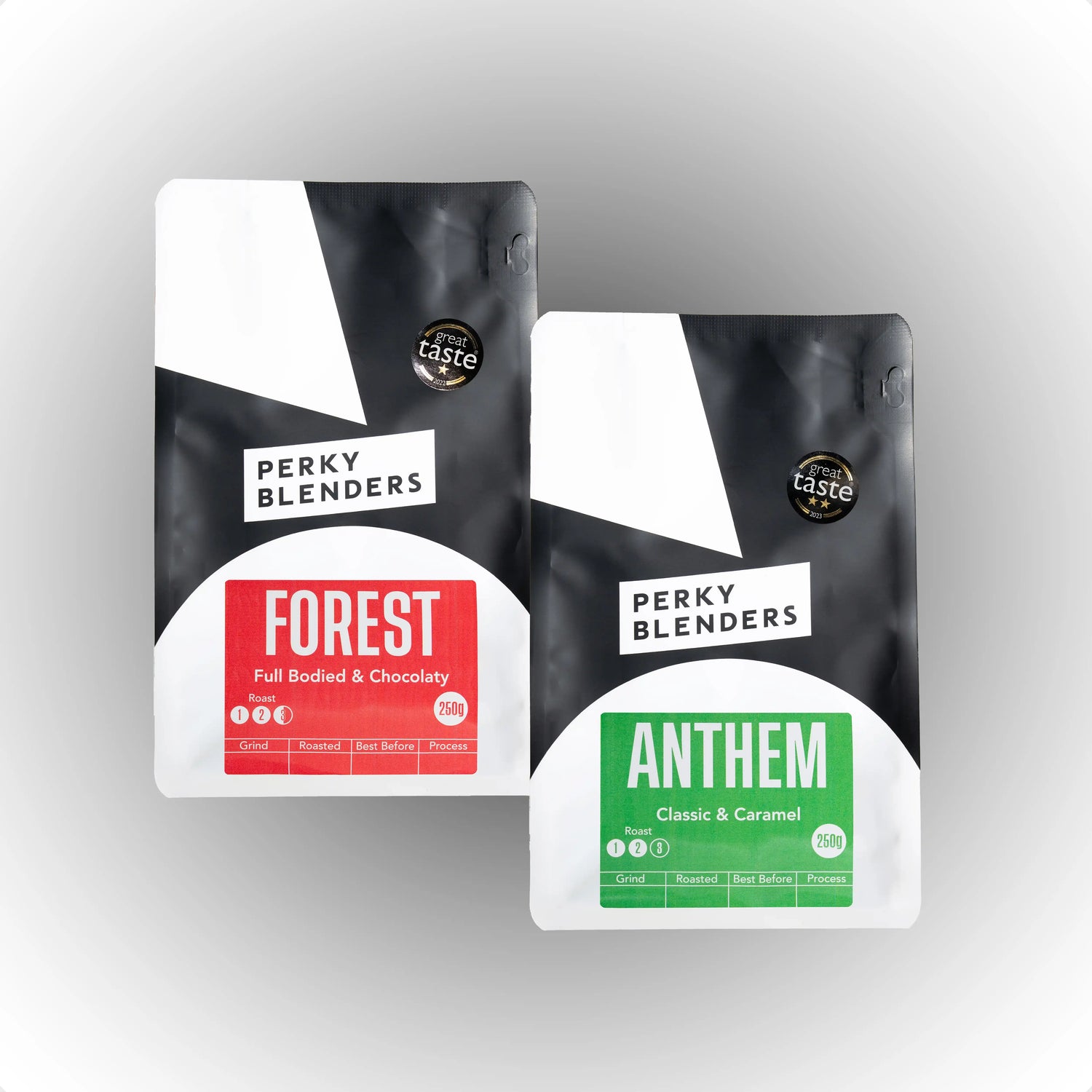 Two coffee packages from Perky Blenders on a gray background