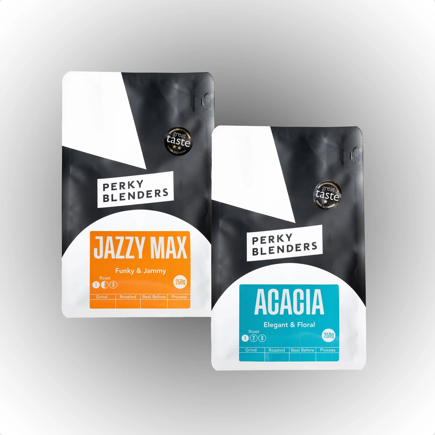 Two coffee packages from Perky Blenders on a gray background