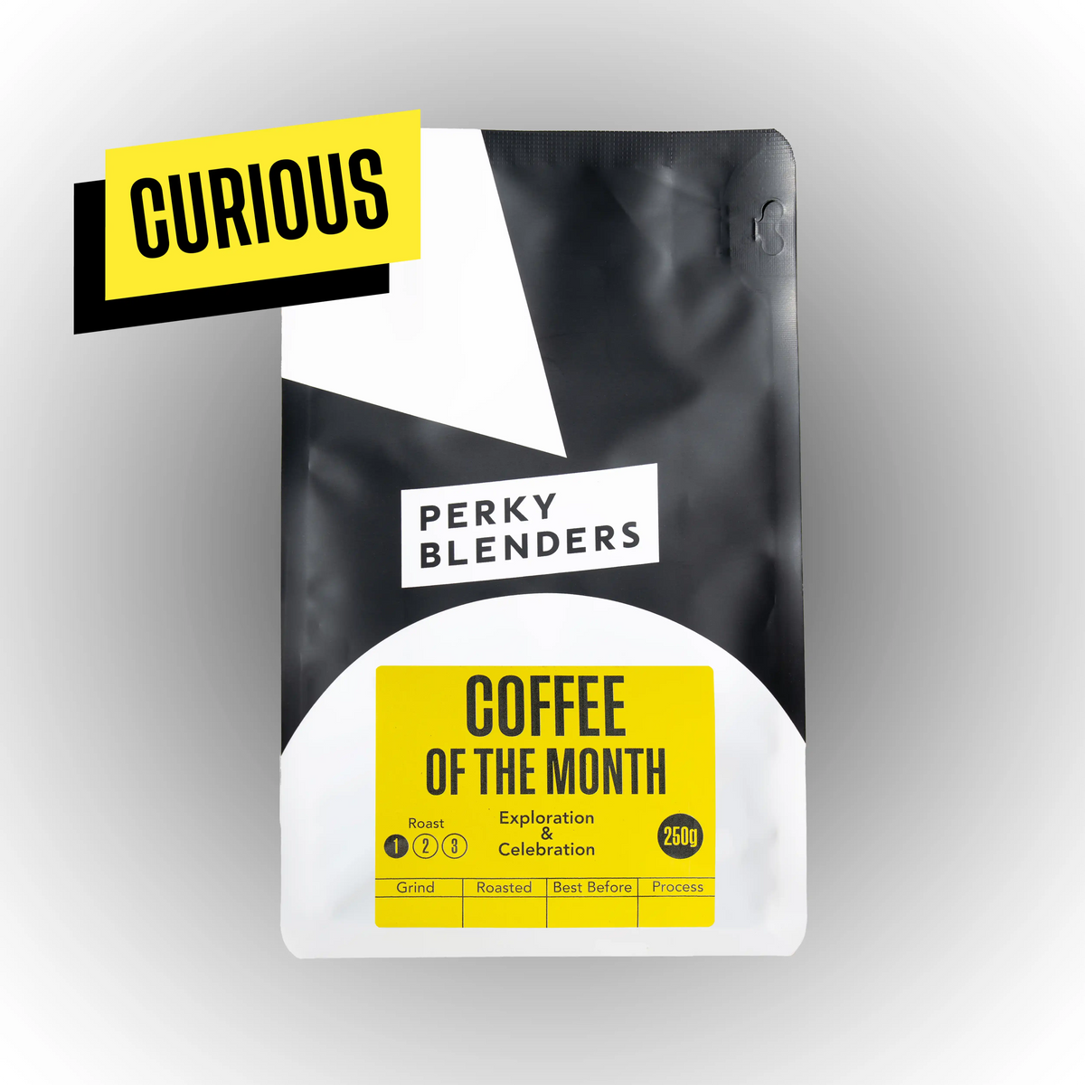 Black and yellow coffee package with 'Perky Blenders' branding on a gray background