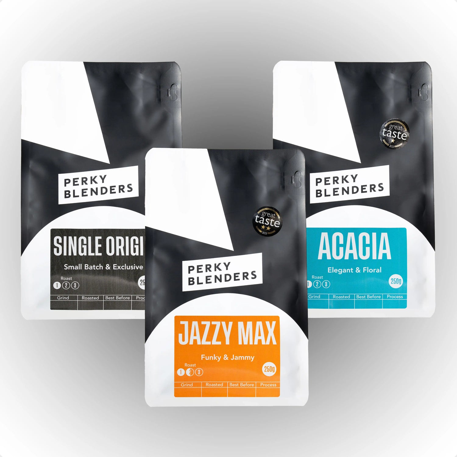Perky Blenders coffee packaging on a gray background