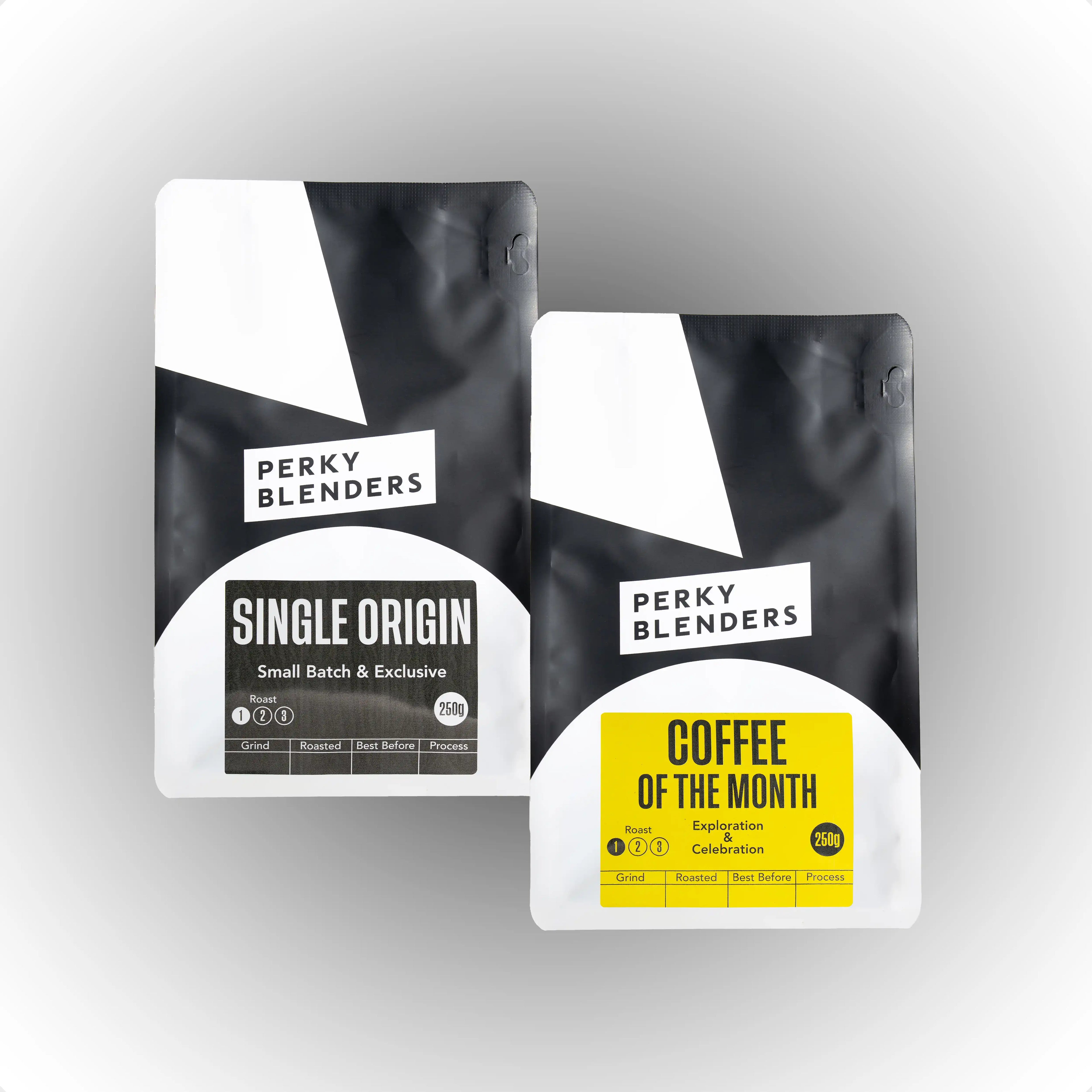 Two coffee packages from Perky Blenders on a gray background