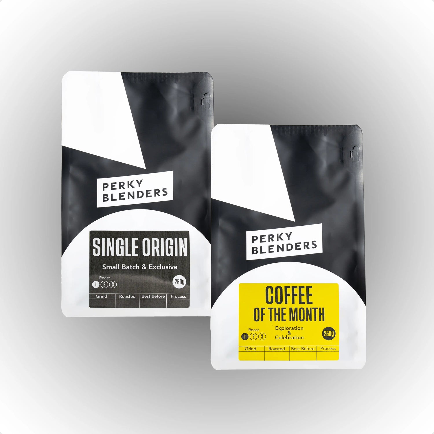 Two coffee packages from Perky Blenders on a gray background