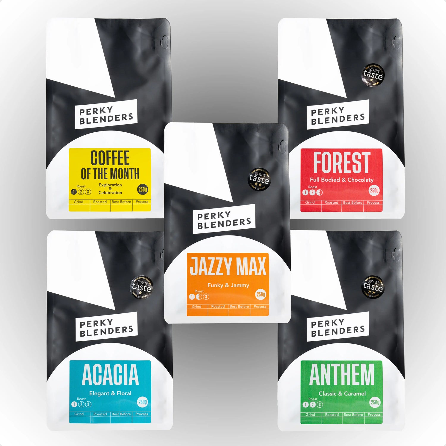 Collection of Perky Blenders coffee packages with different flavors on a gray background